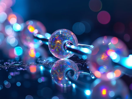 Vibrant spheres in neon light with reflective surface and bokeh effects.