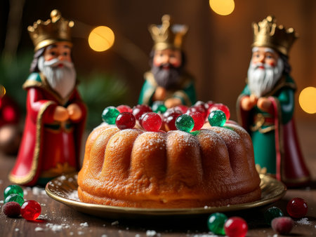 Festive kings' cake adorned with candied gems and sugar, surrounded by three kings figurines.の写真素材