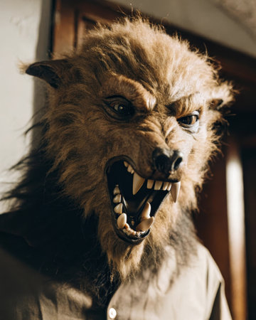 Fierce werewolf costume mask with sharp teeth in dramatic lighting.の素材