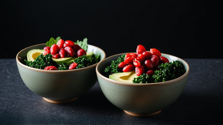 Vibrant kale salad bowls with avocado and fresh goji berries on dark background.の素材