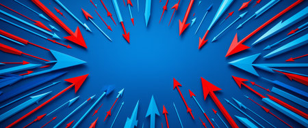 Dynamic growth concept with red and blue arrows on vibrant blue background.の素材