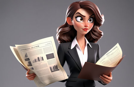 Confident businesswoman analyzing financial reports with determination.の素材