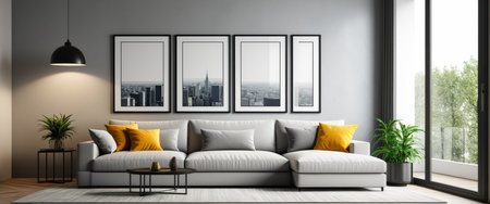 Modern minimalist living room with gray sofa and yellow accents.の素材