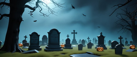 Spooky halloween night in a haunted graveyard with jack-o'-lanterns and full moon.の素材