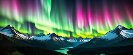 Vibrant northern lights over snowy mountains and serene river night landscape.の素材