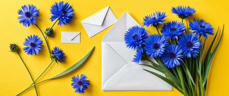 Blue cornflowers and white envelopes on a vibrant yellow background.の素材