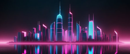 Neon futuristic cityscape with illuminated skyscrapers reflecting on water at night.の素材