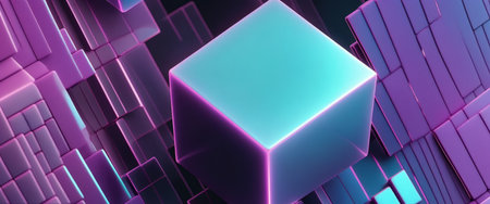 Futuristic neon cube with digital geometric patterns.の素材