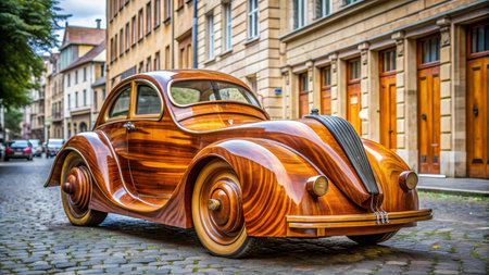 Vintage wooden car on cobblestone street in urban setting.の素材
