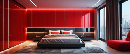Modern red and black bedroom interior with city view and ambient lighting.の素材