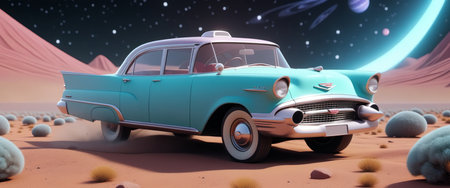 Retro futuristic car in surreal desert landscape with planetary sky.の素材