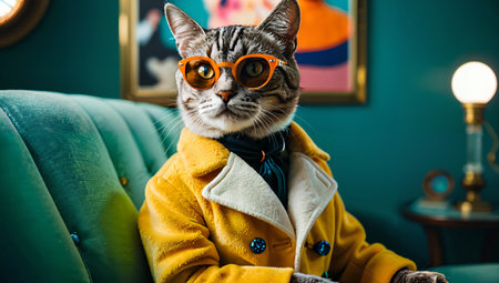 Fashionable cat with orange glasses and yellow jacket sitting on a couch in a retro room.の素材