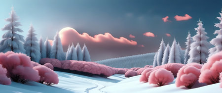 Serene winter landscape with pink trees under a pastel sunrise.の素材