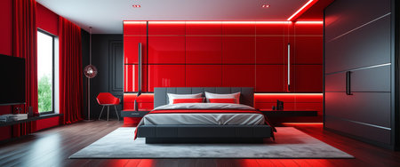 Modern red and black bedroom with sleek design and contemporary lighting.の素材