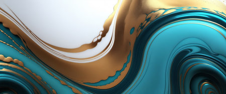 Abstract fluid art with gold and turquoise swirls.の素材