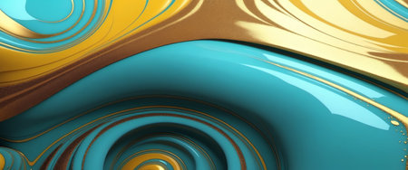 Abstract fluid art: blue and gold wave patterns with glossy texture.の素材