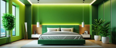 Modern green bedroom interior with minimalist design and elegant lighting.の素材