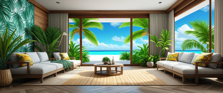 Luxury tropical living room overlooking ocean with palm trees and modern interior design.の素材
