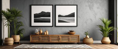 Elegant minimalist living room with nature-inspired wall art and modern wooden furniture.の素材