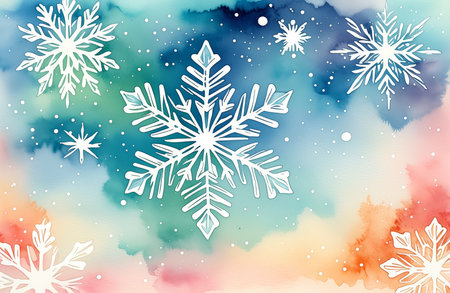 Colorful watercolor snowflakes against a starry night sky.の素材