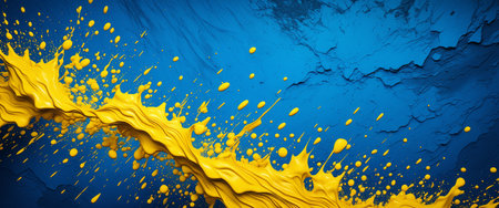 Dynamic yellow paint splash on textured blue background.の素材