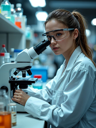 Focused scientist analyzing samples with microscope in modern laboratory.の素材