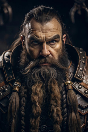 Fierce warrior with braided beard in medieval armor - epic portrait of viking conqueror.の素材