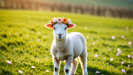 Adorable lamb with floral crown grazing in sunlit meadow.の素材