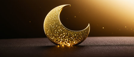 Luminous golden crescent moon sparkling in warm ambient light.の素材
