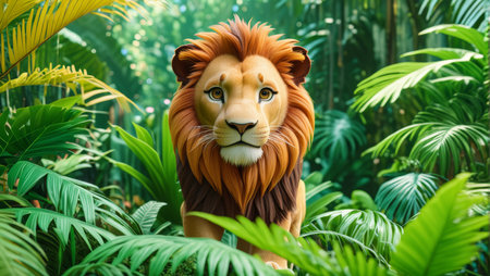 Majestic lion in lush jungle environment: vibrant wildlife scene.の素材