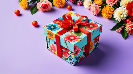 Vibrant floral gift box with red ribbon surrounded by colorful blossom arrangements on purple background.の素材