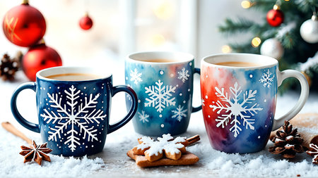 Festive winter mugs with snowflakes and holiday decorations.の素材
