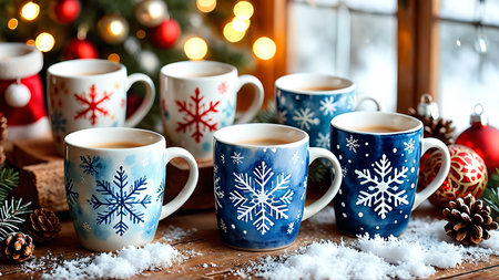 Festive holiday mugs with snowflake designs and christmas decor.の素材
