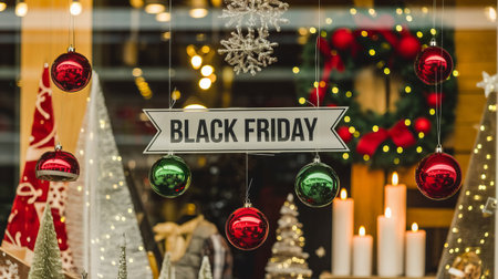 Festive black friday shopping display with christmas decorations and ornaments.の素材