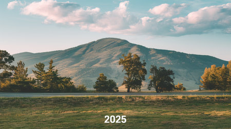 Scenic mountain landscape with road and trees under blue sky in 2025.の素材