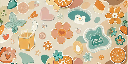 Whimsical nature-inspired pattern with cute elements and pastel colors.の素材