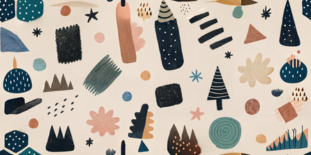 Colorful abstract shapes and patterns on light background.の素材