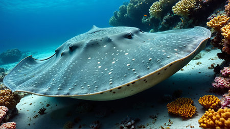Majestic stingray gliding through vibrant coral reef underwater.の素材