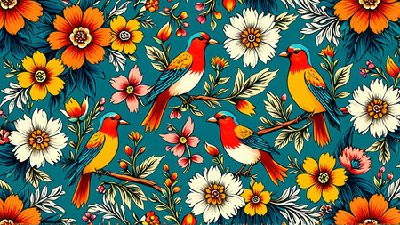 Colorful birds and vibrant florals on a teal background.の素材