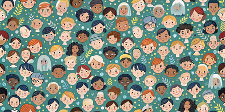 Diverse faces collage on teal background illustrating unity and inclusion.の素材