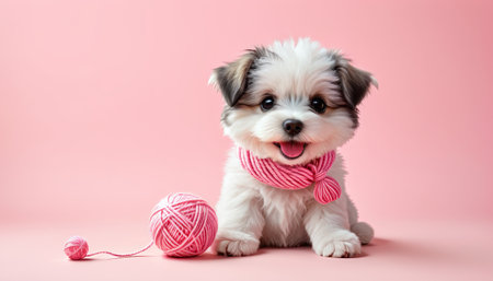 Cute puppy with yarn ball and pink scarf on pastel background.の素材