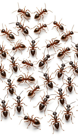 Close-up view of group of crawling ants on white background.の素材