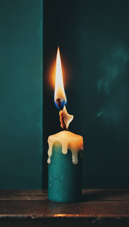 Glowing candle flame illuminates dark room with wax dripping silently.の素材