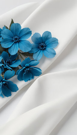 Elegant blue flowers on white fabric background.の素材