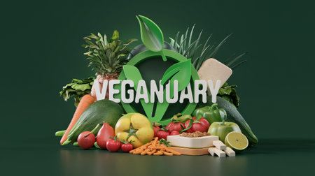Vegan january celebration with fresh fruits, vegetables, and plant-based foods.の素材
