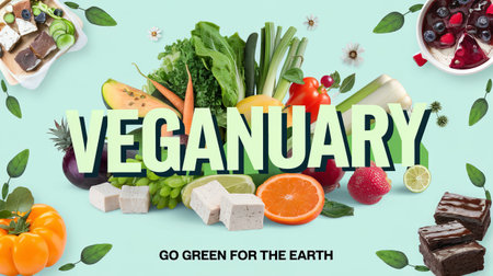 Veganuary celebration with fresh produce and eco-friendly message.の素材