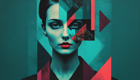 Abstract portrait: geometric shapes and bold colors in surreal artwork.の素材