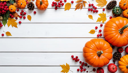 Autumn harvest border with pumpkins, leaves, and berries on white wooden background.の素材