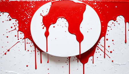 Abstract red paint dripping over round white canvas on white background.の素材