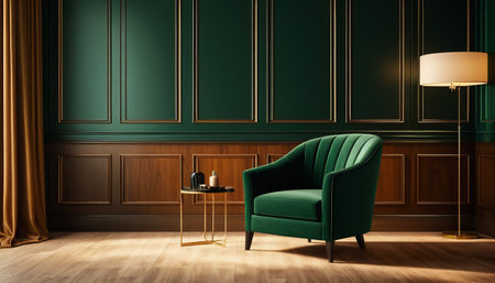 Elegant green living room with armchair and warm lighting ambiance.の素材